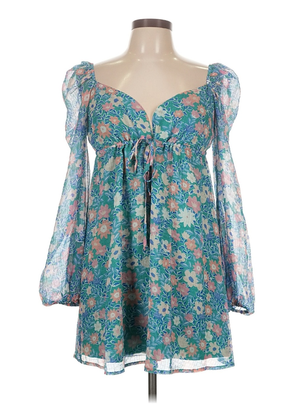 Large Sheer Floral Empire-Waist Mini Dress - Teal & Pink